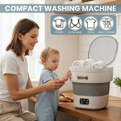 Woman and child using No Sweat Compact Portable Washer With 15L Spin Basket Designed For Underwear Socks And Delicate Clothes Easy Pack Away Design.