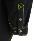 Heavy Duty Flame Resistant Work Shirt For Men Features Slick Brushed Cotton Cut With Snap Down Collar And Stain Repellent Finish, black cuff with green stitching