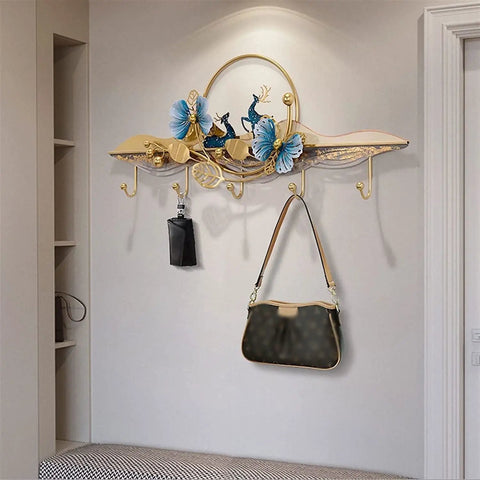 Heavy Duty Wall Mount Coat Hooks For Entryway And Closet, decorative metal rack with flowers, holding bags and umbrellas.