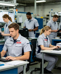 Custom Printed Multi Pocket Short Sleeve Industrial Work Shirt Personalized Warehouse Workwear Uniform Built Different For Logistics Crews Crushing The Grind worn by workers in a busy warehouse.