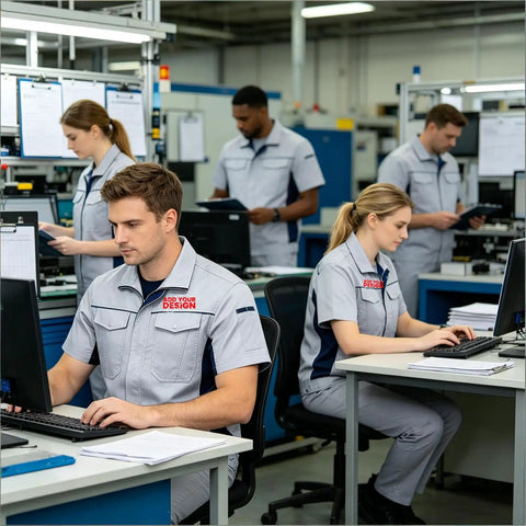Custom Printed Multi Pocket Short Sleeve Industrial Work Shirt Personalized Warehouse Workwear Uniform Built Different For Logistics Crews Crushing The Grind worn by workers in a busy warehouse.