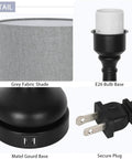 Touch Bedside Lamps Set Of 2 With Dual USB Ports, Gray Fabric Shade, E26 Bulb Base, Black Vase Base, Secure Plug