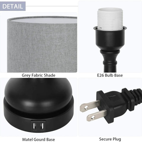 Touch Bedside Lamps Set Of 2 With Dual USB Ports, Gray Fabric Shade, E26 Bulb Base, Black Vase Base, Secure Plug