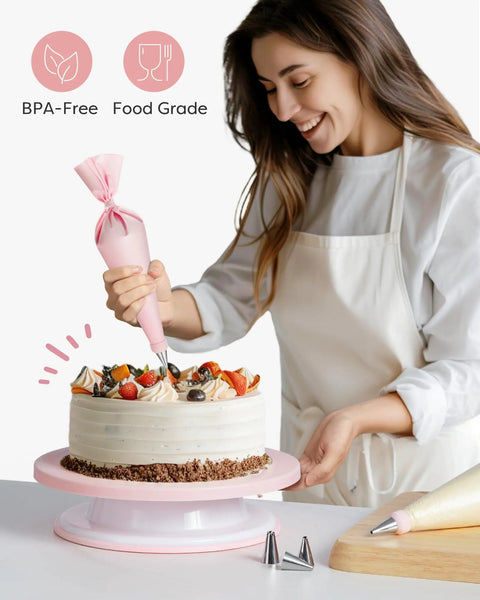 Woman using All In One Cake Decorating Kit With Turntable And 12 Piping Tips Set, 2 Frosting Spatulas, decorating a cake