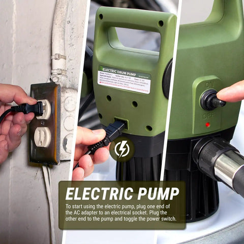 Heavy Duty Electric Fuel Pump Shuttles Diesel And Gasoline Hella Fast From 55 To 275 Gallon Drums Or Ibc Totes With Zero Sweat Flow Control And Cold Resistant Hose showing power connection.