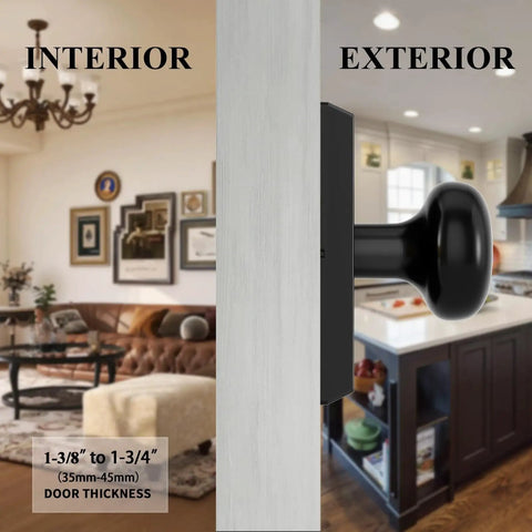 Matte Black Dummy Door Knobs For Interior Use With Modern Vintage Rectangular And Round Handles For Bifold And Closet Doors 2 Pack In Stainless Steel Finish, installed view from the side showing door thickness compatibility.