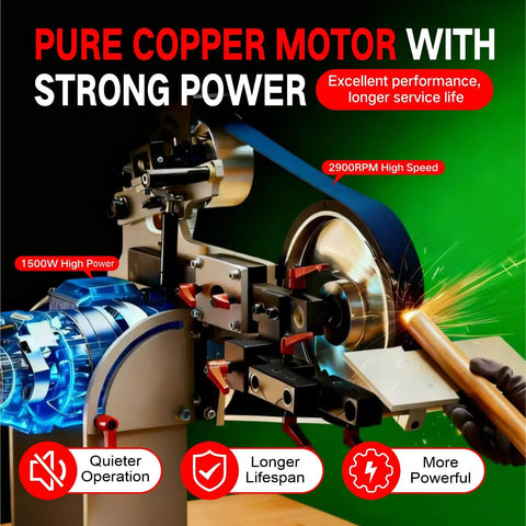Kickass 1500 Watt Belt Sander With High Output Vfd Controller 72 By 2 Inch showing pure copper motor and grinding action.