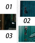 Various door handle designs featuring metal and decorative elements, contrasts with Heavy Duty Black Iron Strap Door Hinges 4 Pack focus.