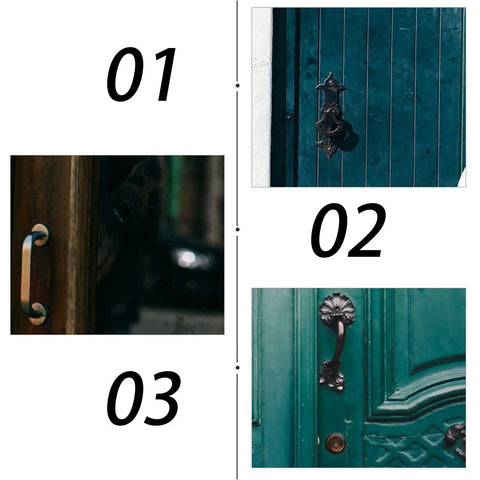Various door handle designs featuring metal and decorative elements, contrasts with Heavy Duty Black Iron Strap Door Hinges 4 Pack focus.