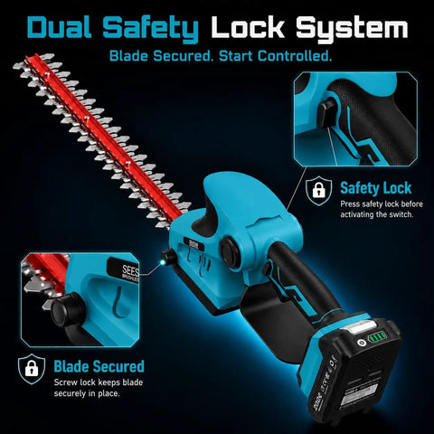 Cordless 20V Hedge Trimmer And Grass Shears Two In One With 12 Inch And 6 Inch Dual Action SK5 Blades safety lock system