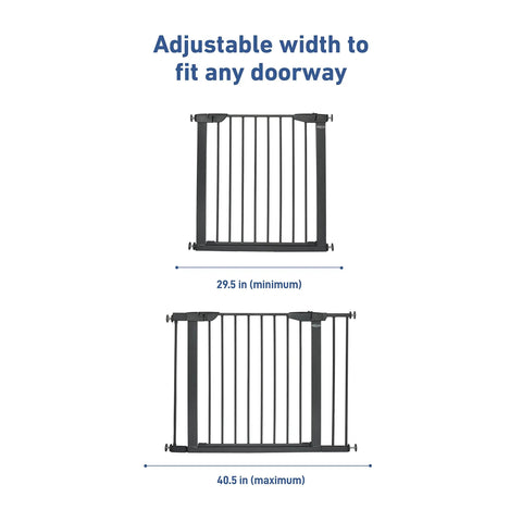 Walk Through Metal Baby Gate For Doorways, Adjustable From 29.5 To 40.5 Inches, 29.5 Inches Tall, Pressure Mounted, Gray, Adjustable Width Illustration
