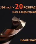 Close-up of 20 Piece 7 64 Inch Cobalt Drill Bits M35 HSS Pro Grade Heavy Duty Set with text on black background.