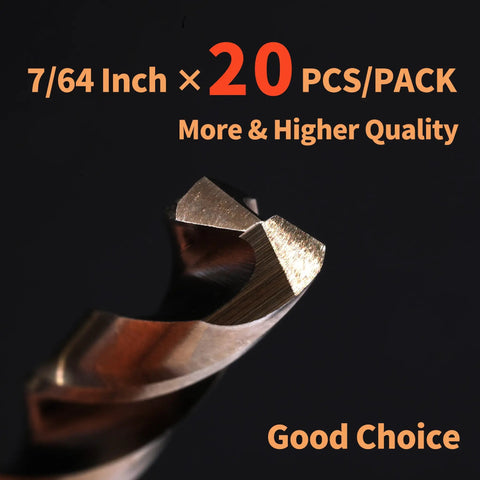 Close-up of 20 Piece 7 64 Inch Cobalt Drill Bits M35 HSS Pro Grade Heavy Duty Set with text on black background.