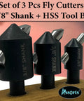 Assorted Three Piece Fly Cutter Set For Milling Machines With HSS Tool Bits in multiple shank sizes on display stand.