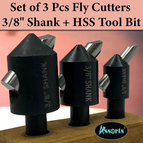 Assorted Three Piece Fly Cutter Set For Milling Machines With HSS Tool Bits in multiple shank sizes on display stand.