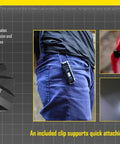 85 Lumens USB Rechargeable Keychain Light With Tiltable Head and Clip attached to clothing and gear in various scenarios
