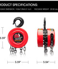 1 Ton Hand Chain Hoist With Mechanical Load Brake, 8 Ft Lift, Dual Heavy Duty Hooks, 2,000 Lb Capacity, 1/4 Inch Alloy Steel Chain Side View