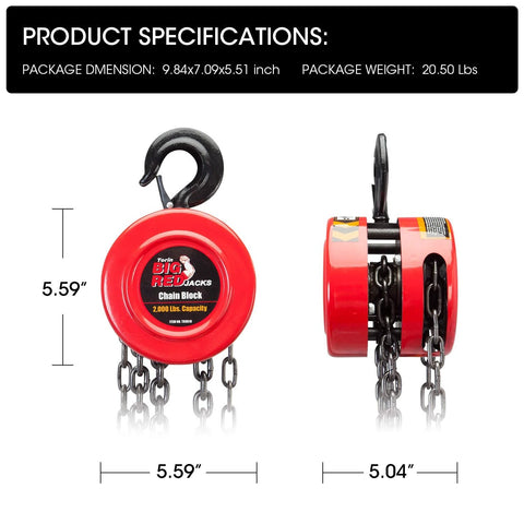 1 Ton Hand Chain Hoist With Mechanical Load Brake, 8 Ft Lift, Dual Heavy Duty Hooks, 2,000 Lb Capacity, 1/4 Inch Alloy Steel Chain Side View