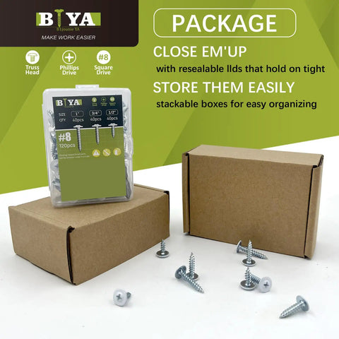 Heavy Duty White Wood Screws 120 Piece Bulk Kit Featuring Rugged Carbon Steel Frame with pack and screws on table