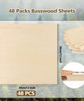 Basswood sheets, 12x12 inches, 1/16 inch (1.5 mm) thick, 48-piece unfinished wood sheets for DIY crafts