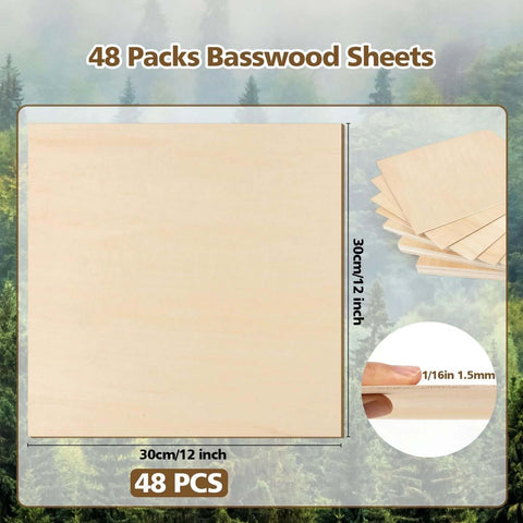 Basswood sheets, 12x12 inches, 1/16 inch (1.5 mm) thick, 48-piece unfinished wood sheets for DIY crafts