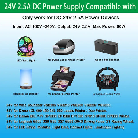 Universal 24V DC Power Supply Adapter 2.5A 60W With 8 Tips 100 240V AC To DC Converter For Samsung Soundbar HM45C HW F350 LED Strip Lights And Logitech Racing Wheel alongside compatible devices