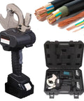 Rechargeable Ratchet Cable Cutter for Aluminum and Copper Cables, cordless tool with open case, cables, and battery.