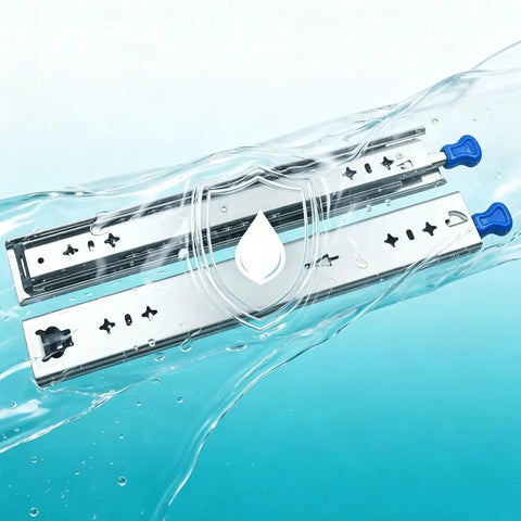 Full Extension Ball Bearing Drawer Runners With Soft Close Cabinet Slides submerged in water emphasizing durability and smooth pull.