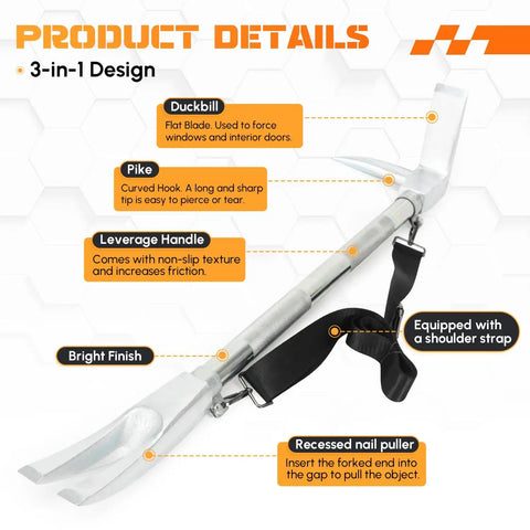 Image of Pro Grade Three In One Halligan Bar For Firefighting And Rescue With Shoulder Strap Forged Steel 30 Inch Emergency Entry Tool showcasing features, including forked pry end, pointed tip, flat blade, and shoulder strap.