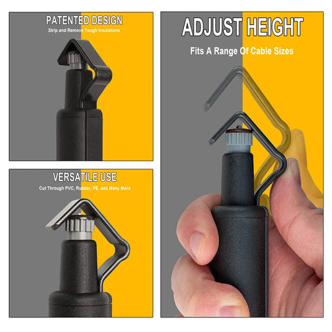 Round Cable Stripper Tool With Adjustable Cutting Depth And 90 Degree Blade, showing use on cable with hand holding tool.