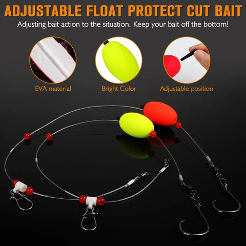 Fish Finder Surf Rig With Float 20.5 Inch 90 Lb Tackle For Shark Bluefish Striper Stripers Six Piece Eight O Hooks, includes adjustable EVA floats with bright color and adjustable position features.