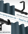 Adjustable Curtain Rod 36 To 63 Inches Black Three Quarter Inch Pole Fits Windows And Patio Easy To Install With Twist Overlap Design Versatile Drapery Rod For Any Room Or Outdoor Space No Fuss Setup, showing ceiling and wall mounting options.