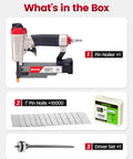 TopShelf Pneumatic Pin Nailer Combo Pack includes 1 pin nailer, 10000 micro pins, and driver set for seamless trim work.