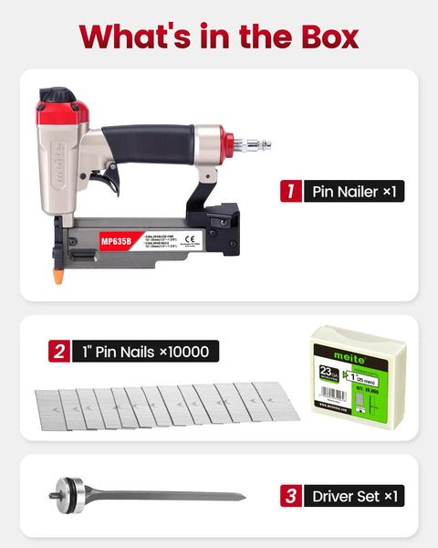 TopShelf Pneumatic Pin Nailer Combo Pack includes 1 pin nailer, 10000 micro pins, and driver set for seamless trim work.