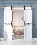 Double 24x84 Inch White Barn Doors, 8 Ft Sliding Door Hardware Kit Installed, Solid Wood, Space Saving Modern Farmhouse Style