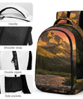 Golden Hour Creek Printed Unisex Backpack with detailed handle, breathable shoulder strap, double zipper, side pockets.
