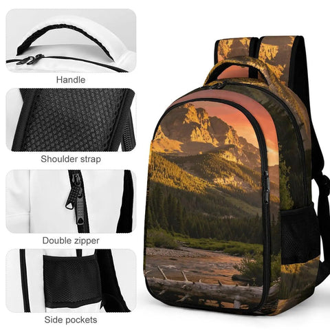 Golden Hour Creek Printed Unisex Backpack with detailed handle, breathable shoulder strap, double zipper, side pockets.