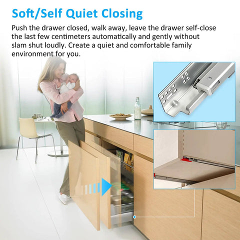 Mother closing kitchen drawer with undermount soft close drawer slides set heavy duty full extension ball bearing runners.