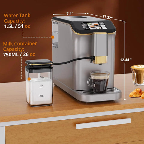 Fully Automatic Espresso Coffee Machine With 20 Bar Pump And 15 Adjustable Grind Settings Featuring A Built In Milk Frother Tft Touchscreen on kitchen counter