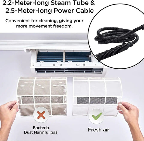 Comparison of clean and dirty air filters with Boss 2500W Handheld Steam Cleaner For Car Detailing And Home Cleaning hose.