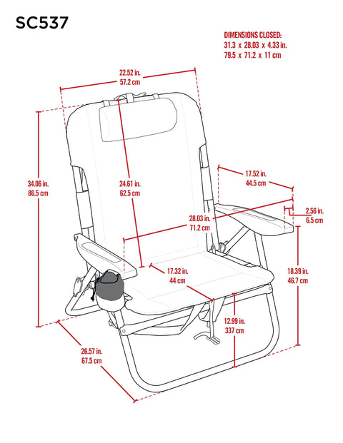 Dimensions diagram of Big Boy 4-Position Folding Backpack Chair With 13 Inch High Seat For Beach Or Camp, detailed measurements.
