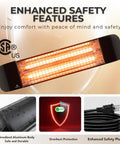 Infrared 1500W Outdoor Patio Heater showing anodized aluminum body, overheating protection, and safety plug features