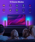 Lit RGB LED Smart Light Bars For TV And PC Backlighting displayed with 10 scene modes and family viewing a lit screen.
