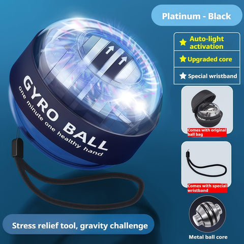 Platinum Black Gyro Torque Ball Hand Exerciser With Auto Start, featuring LED lights, wristband, and metal ball core for forearm strength.
