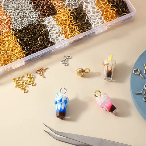 1200 Pcs Small Screw Eye Pins For Pro DIY Jewelry Making Kit With Multicolor Mini Eye Screws In 3 Sizes shown with crafts