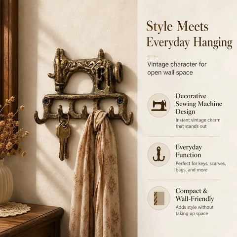 Slick Vintage Cast Iron Sewing Machine Wall Hook Rock Solid For Hanging Coats And Everyday Keys with scarf and keys.
