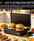 Stainless Steel 1000W Panini Press Grill And Sandwich Maker With Non Stick Plates Removable Drip Tray 3 In 1 Electric Contact Grill Opens 180 Degrees Flat For Burgers Chicken Bacon And More Overheat Protection with burgers cooking.