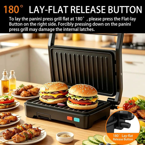 Stainless Steel 1000W Panini Press Grill And Sandwich Maker With Non Stick Plates Removable Drip Tray 3 In 1 Electric Contact Grill Opens 180 Degrees Flat For Burgers Chicken Bacon And More Overheat Protection with burgers cooking.