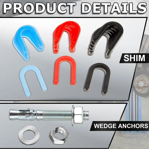 Badass 46 Piece Car Lift Install Kit Featuring Slick Wedge Anchor Bolts And Precision Leveling Shim Set For Two Post Garages, assorted shims and wedge anchors.