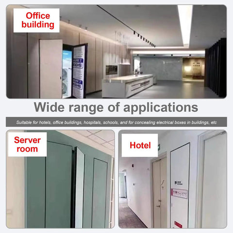 Heavy Duty Hidden Magnetic Access Panel For Wall And Ceiling Tile Cover With Detachable Inspection Door shown in office and hotel settings.